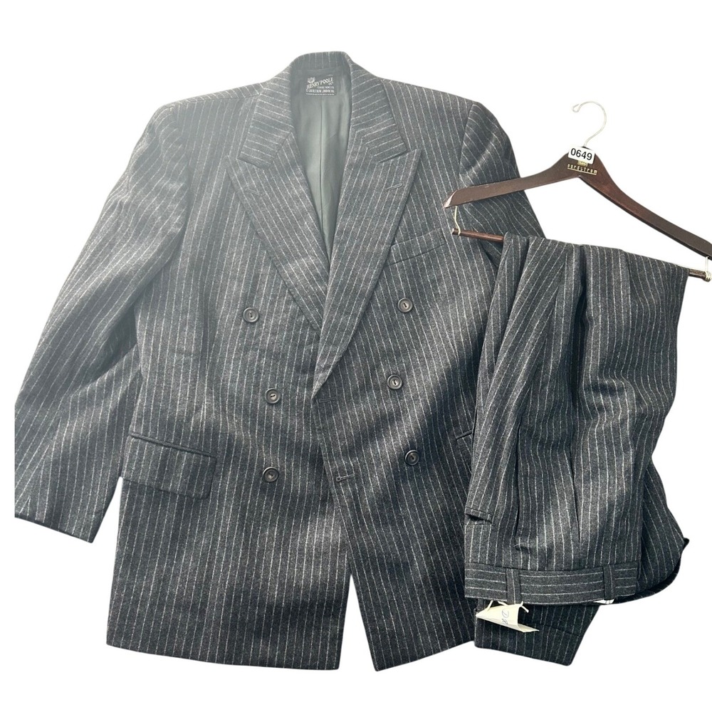 VTG Henry Poole Savile Row Bespoke Double Breasted Suit Chalk Stripe Men 44R 80s